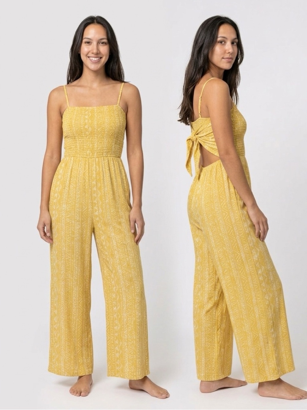 No Boundaries Yellow and White Aztec Print Spaghetti Strap Jumpsuit